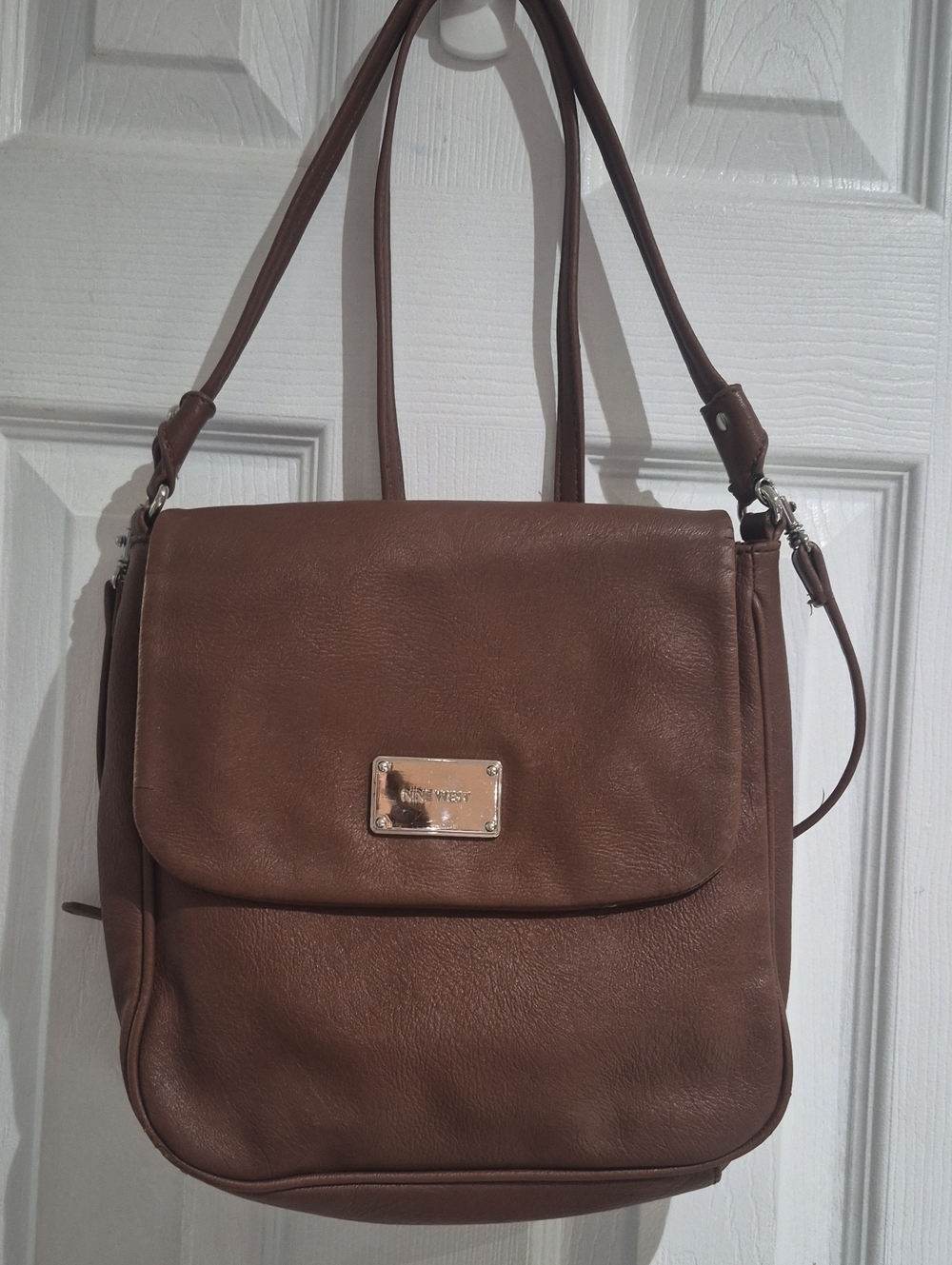 Nine West Tan Brown Leather Shoulder Bag with Logo Plate